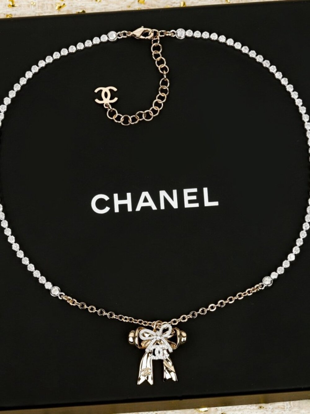 Chanel Gold-Tone Bow & CC Logo Pendant Necklace with Crystals